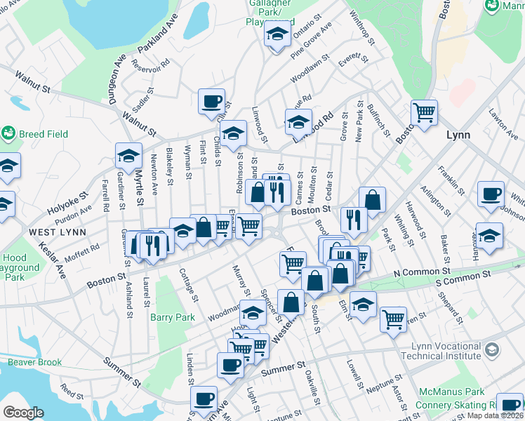 map of restaurants, bars, coffee shops, grocery stores, and more near 30 Kirtland Street in Lynn