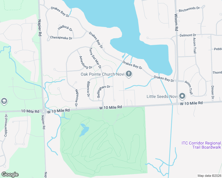 map of restaurants, bars, coffee shops, grocery stores, and more near 50371 Langley Drive in Novi