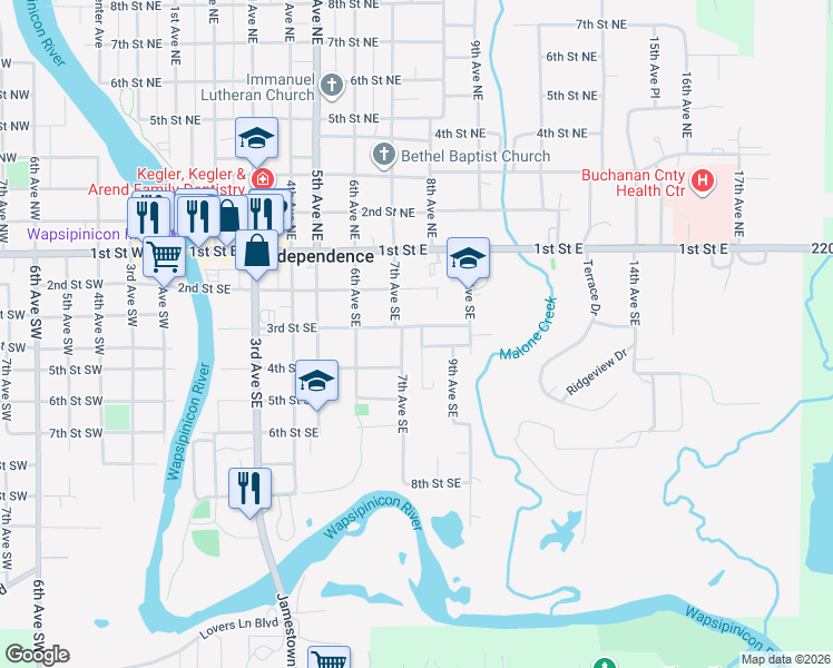 map of restaurants, bars, coffee shops, grocery stores, and more near 709 3rd Street Southeast in Independence