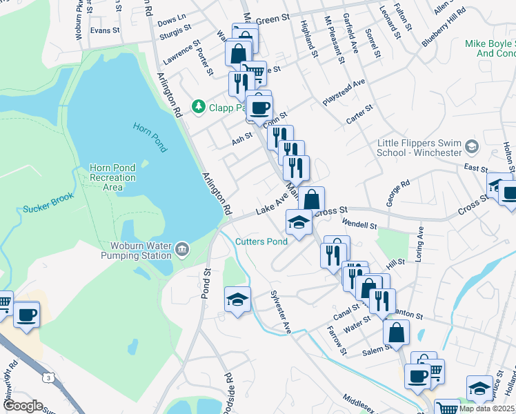 map of restaurants, bars, coffee shops, grocery stores, and more near 23 Lake Avenue in Woburn