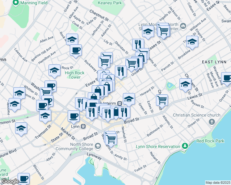 map of restaurants, bars, coffee shops, grocery stores, and more near 19 Smith Street in Lynn