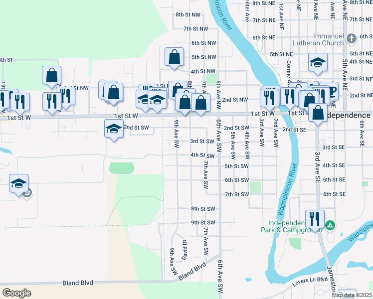 map of restaurants, bars, coffee shops, grocery stores, and more near 300-398 9th Ave SW in Independence