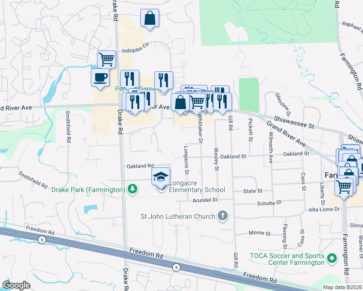 map of restaurants, bars, coffee shops, grocery stores, and more near 23841 Longacre St in Farmington