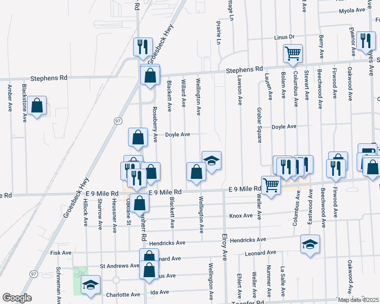 map of restaurants, bars, coffee shops, grocery stores, and more near 23277 Wellington Avenue in Warren