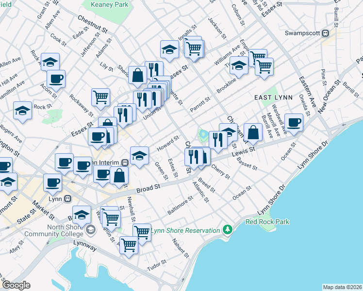 map of restaurants, bars, coffee shops, grocery stores, and more near 64 Chestnut Street in Lynn