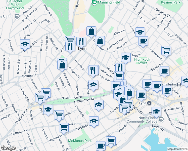 map of restaurants, bars, coffee shops, grocery stores, and more near 79 Hanover Street in Lynn