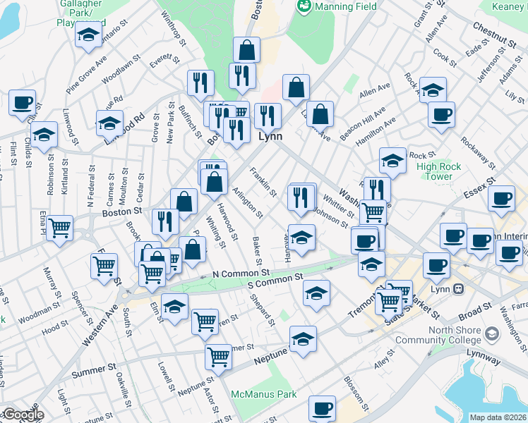 map of restaurants, bars, coffee shops, grocery stores, and more near 9 Arlington Street in Lynn