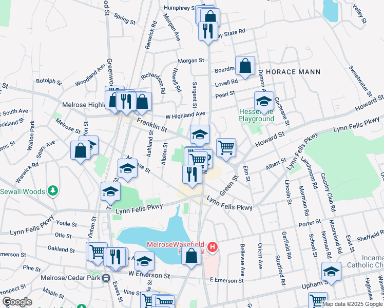 map of restaurants, bars, coffee shops, grocery stores, and more near 5 Greenleaf Place in Melrose