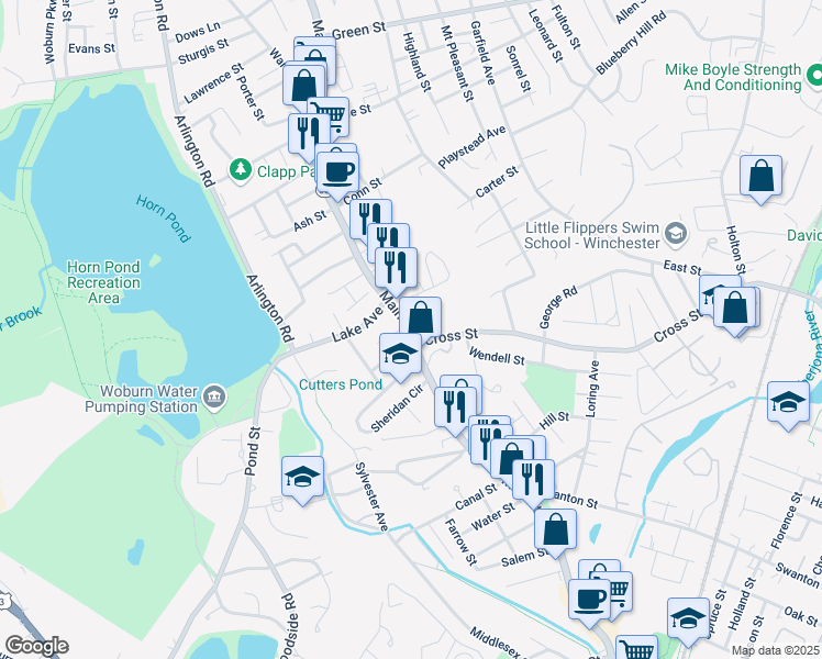 map of restaurants, bars, coffee shops, grocery stores, and more near in Woburn