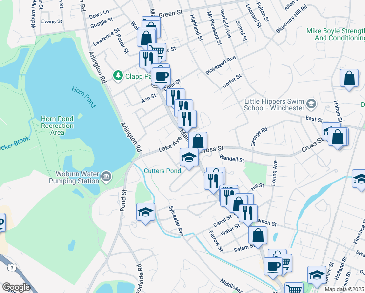 map of restaurants, bars, coffee shops, grocery stores, and more near in Woburn