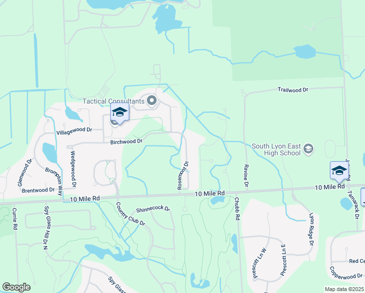 map of restaurants, bars, coffee shops, grocery stores, and more near 24597 Rosemont Drive in South Lyon
