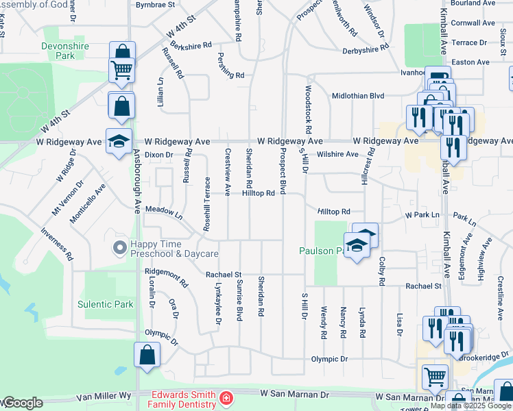 map of restaurants, bars, coffee shops, grocery stores, and more near 617 Sheridan Road in Waterloo
