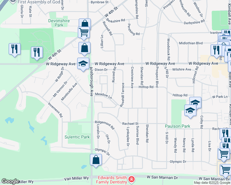 map of restaurants, bars, coffee shops, grocery stores, and more near 791 Russell Road in Waterloo