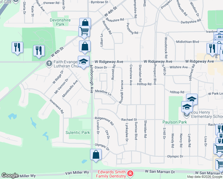 map of restaurants, bars, coffee shops, grocery stores, and more near 791 Russell Road in Waterloo