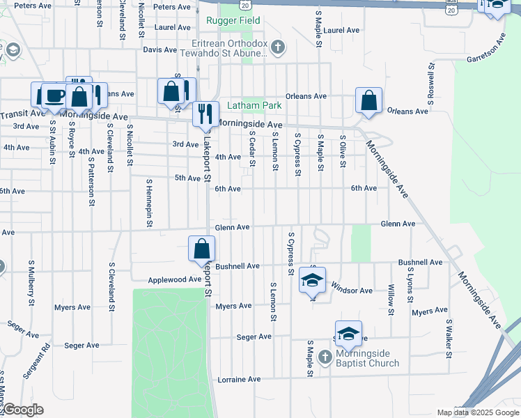 map of restaurants, bars, coffee shops, grocery stores, and more near 2404 South Cedar Street in Sioux City