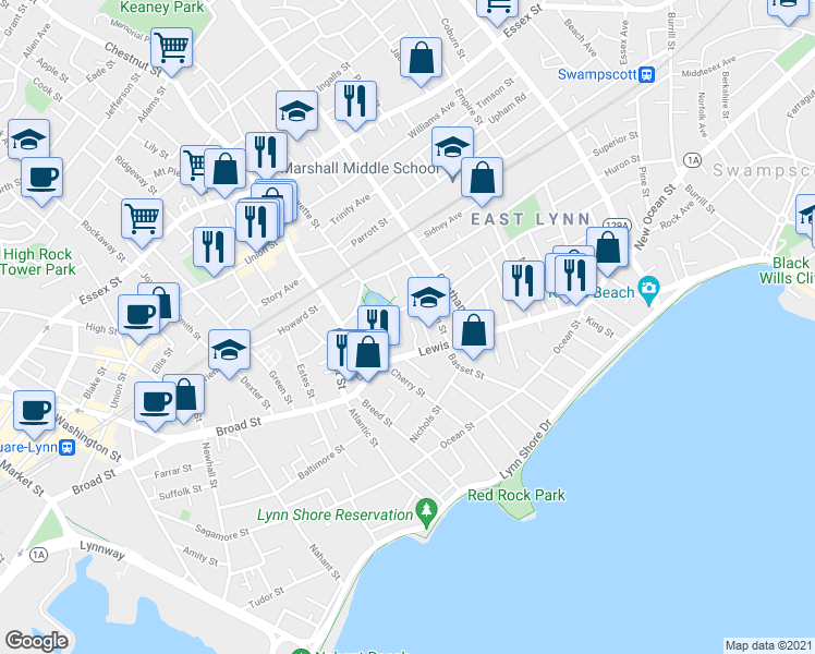 map of restaurants, bars, coffee shops, grocery stores, and more near 24 Kenwood Terrace in Lynn