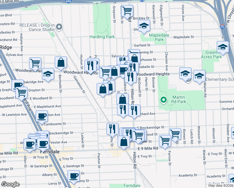 map of restaurants, bars, coffee shops, grocery stores, and more near 930 East Drayton Street in Ferndale