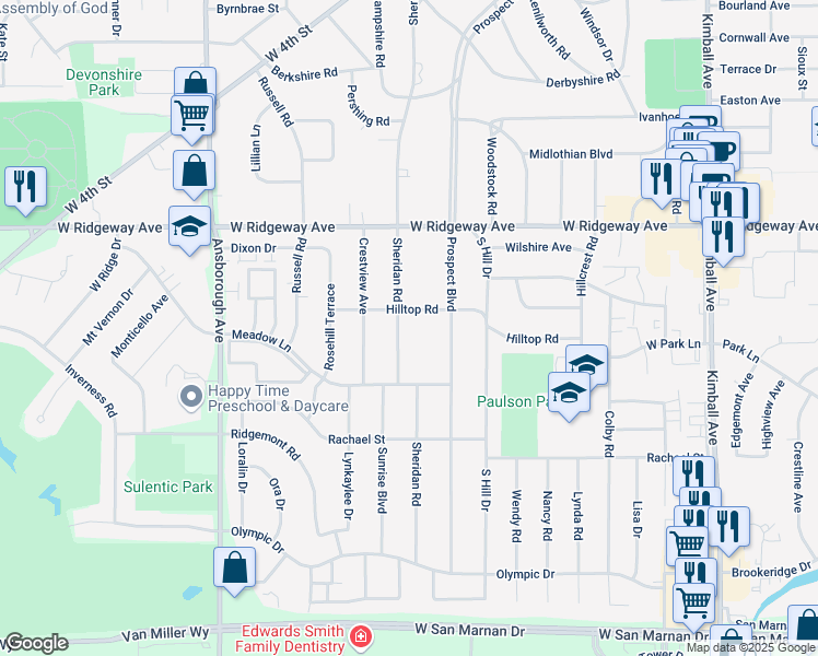 map of restaurants, bars, coffee shops, grocery stores, and more near 617 Sheridan Road in Waterloo