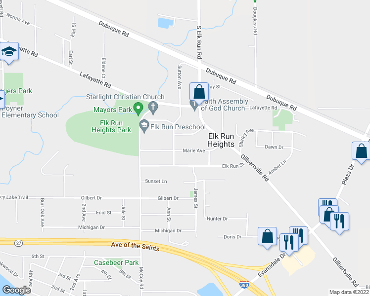 map of restaurants, bars, coffee shops, grocery stores, and more near 244 Marie Avenue in Elk Run Heights