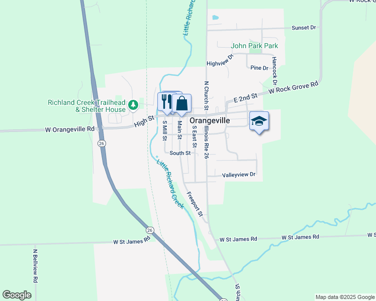 map of restaurants, bars, coffee shops, grocery stores, and more near 202 South Street in Orangeville