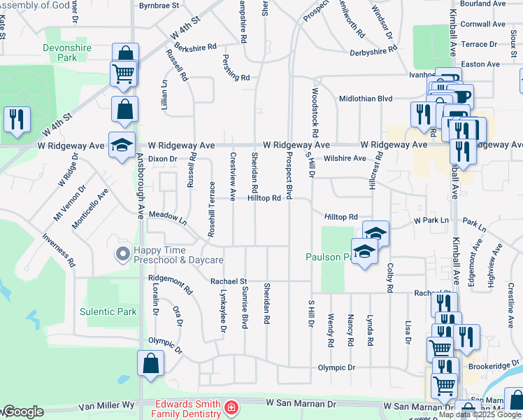 map of restaurants, bars, coffee shops, grocery stores, and more near 617 Sheridan Road in Waterloo