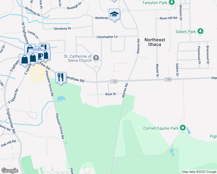 map of restaurants, bars, coffee shops, grocery stores, and more near 129 Orchard Street in Ithaca