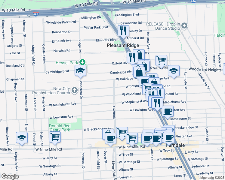 map of restaurants, bars, coffee shops, grocery stores, and more near 419 West Drayton in Ferndale