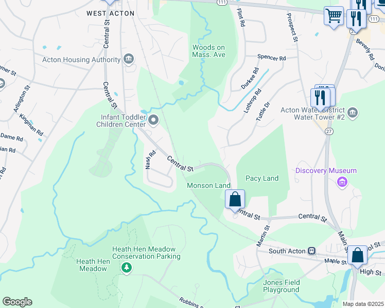 map of restaurants, bars, coffee shops, grocery stores, and more near 107R Central Street in Acton