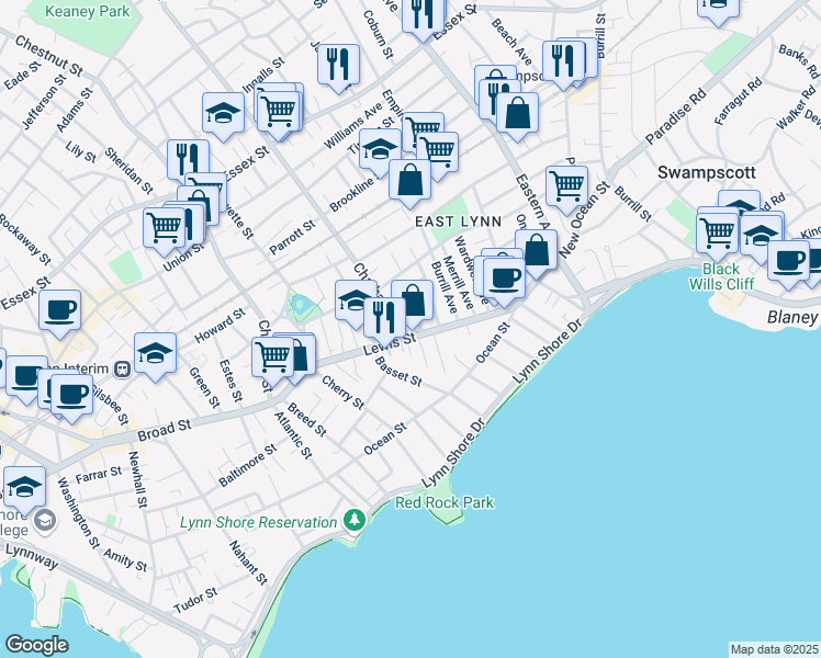 map of restaurants, bars, coffee shops, grocery stores, and more near 6 Fearless Avenue in Lynn