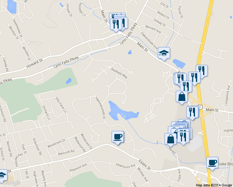 map of restaurants, bars, coffee shops, grocery stores, and more near 10 Blacksmith Way in Saugus
