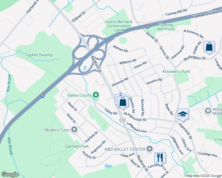map of restaurants, bars, coffee shops, grocery stores, and more near 307 Massachusetts 4 in Lexington