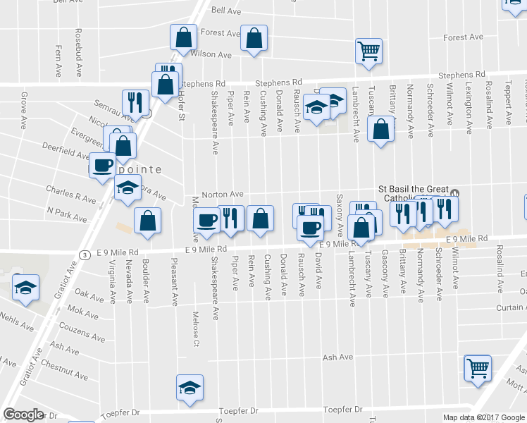 map of restaurants, bars, coffee shops, grocery stores, and more near 22809 Cushing Avenue in Eastpointe