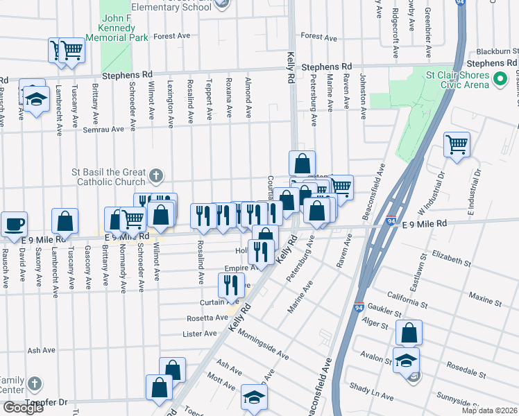 map of restaurants, bars, coffee shops, grocery stores, and more near 22770 Almond Avenue in Eastpointe