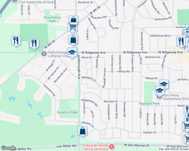 map of restaurants, bars, coffee shops, grocery stores, and more near 791 Russell Road in Waterloo