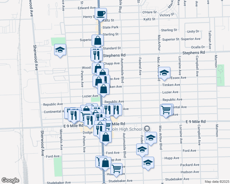 map of restaurants, bars, coffee shops, grocery stores, and more near 8087 Lozier Avenue in Warren