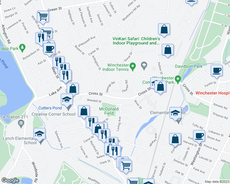 map of restaurants, bars, coffee shops, grocery stores, and more near 58 Charles Road in Winchester
