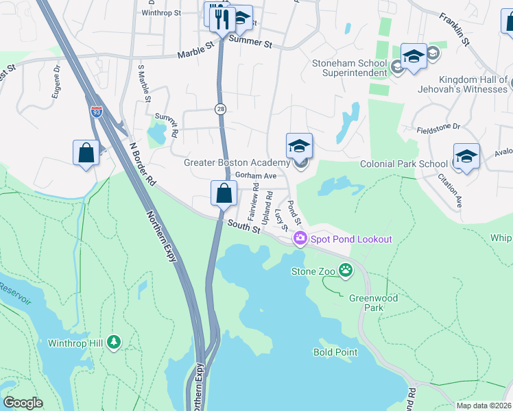 map of restaurants, bars, coffee shops, grocery stores, and more near 36 Fairview Road in Stoneham