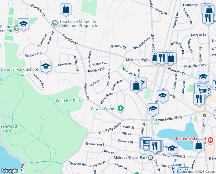 map of restaurants, bars, coffee shops, grocery stores, and more near 60 Walton Park in Melrose