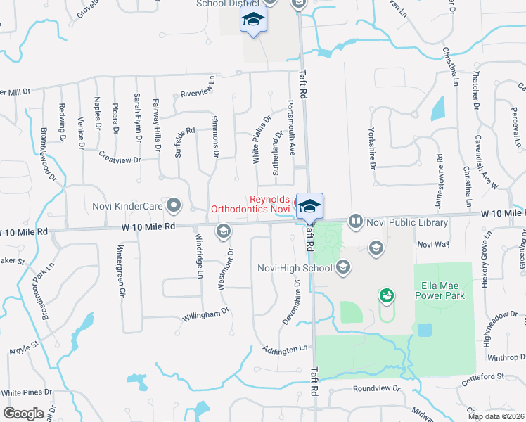 map of restaurants, bars, coffee shops, grocery stores, and more near 24307 Weathervane Court in Novi
