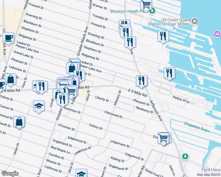 map of restaurants, bars, coffee shops, grocery stores, and more near 22700 East 9 Mile Road in St. Clair Shores