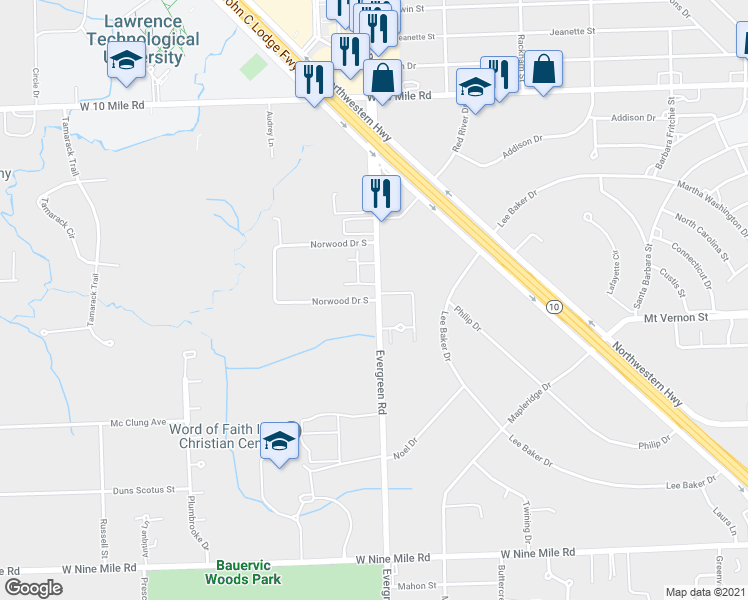 map of restaurants, bars, coffee shops, grocery stores, and more near 24099 Evergreen Road in Southfield