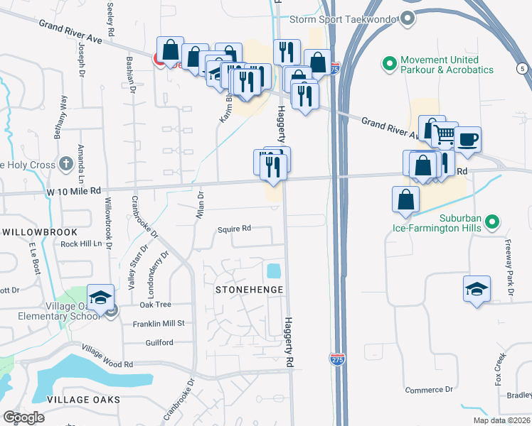 map of restaurants, bars, coffee shops, grocery stores, and more near 39437 Burton Drive in Novi