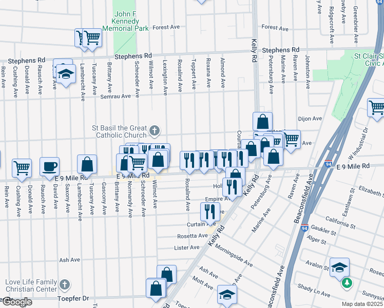 map of restaurants, bars, coffee shops, grocery stores, and more near 22781 Teppert Avenue in Eastpointe