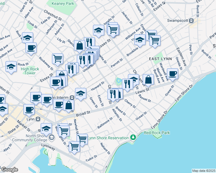 map of restaurants, bars, coffee shops, grocery stores, and more near 64 Chestnut Street in Lynn