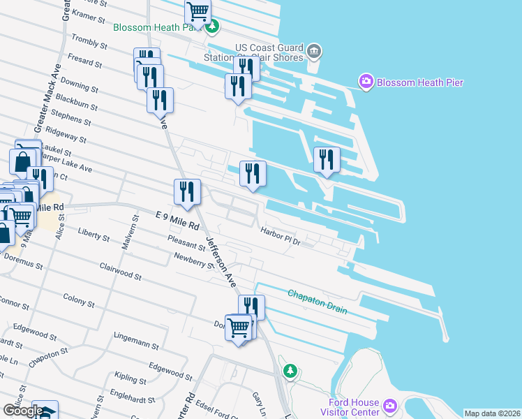 map of restaurants, bars, coffee shops, grocery stores, and more near 332 Riviera Drive in St. Clair Shores
