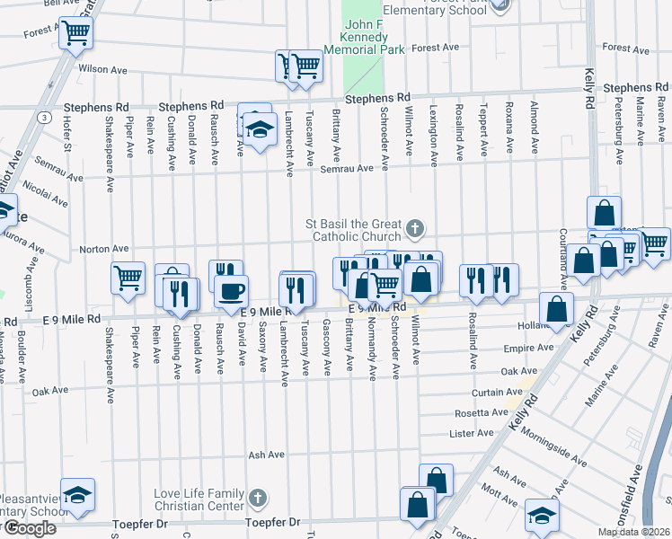 map of restaurants, bars, coffee shops, grocery stores, and more near 22793 Brittany Avenue in Eastpointe