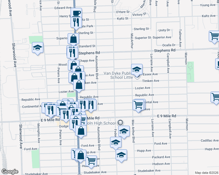 map of restaurants, bars, coffee shops, grocery stores, and more near 8291 Lozier Avenue in Warren