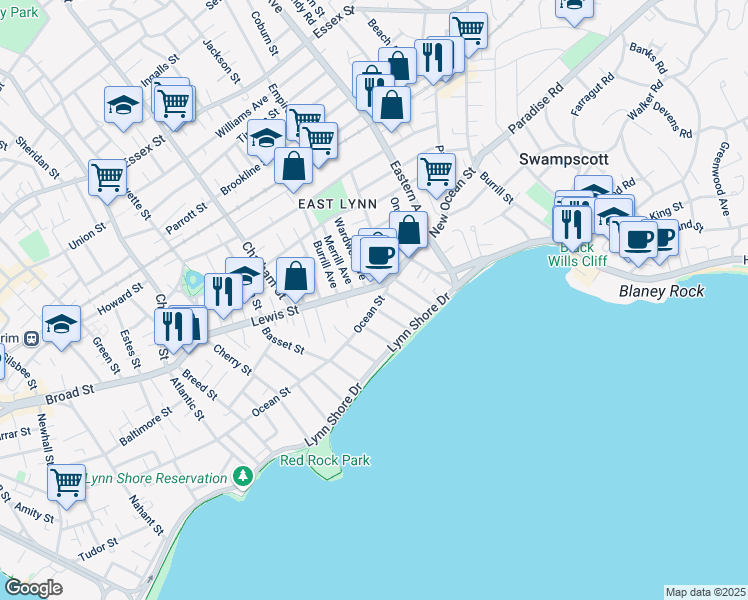 map of restaurants, bars, coffee shops, grocery stores, and more near 91 Ocean Street in Lynn