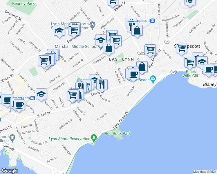 map of restaurants, bars, coffee shops, grocery stores, and more near 6 Fearless Avenue in Lynn