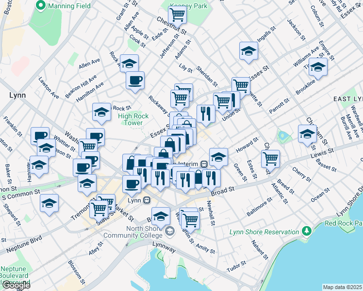 map of restaurants, bars, coffee shops, grocery stores, and more near 189-195 Union Street in Lynn